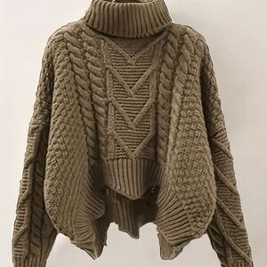 Cozy Cable Knit Turtleneck Sweater - Brown